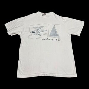 Vintage 90s Cape Isle Knitters‎ Endeavour 2 Boat Plan White Shirt Men's Medium